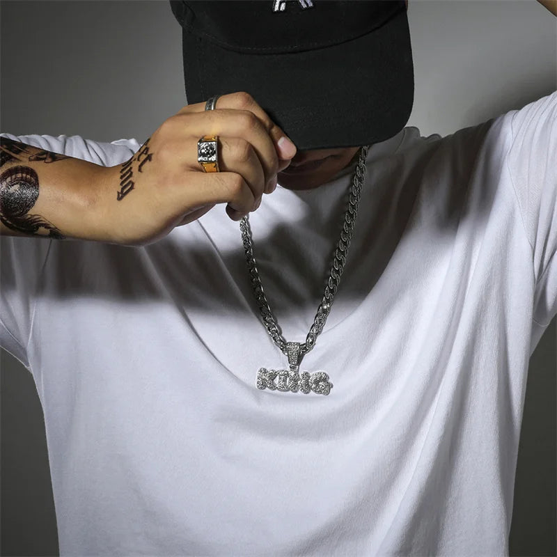 Hip Hop KING Letters Pendant Necklace with Miami Cuban Chain Iced Out Bling HipHop Necklaces Male Charm Jewelry Gift