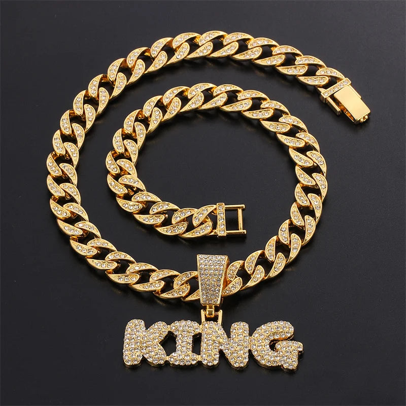 Hip Hop KING Letters Pendant Necklace with Miami Cuban Chain Iced Out Bling HipHop Necklaces Male Charm Jewelry Gift