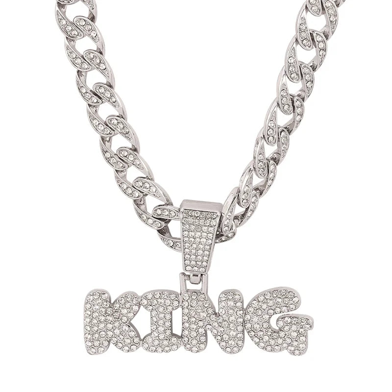 Hip Hop KING Letters Pendant Necklace with Miami Cuban Chain Iced Out Bling HipHop Necklaces Male Charm Jewelry Gift
