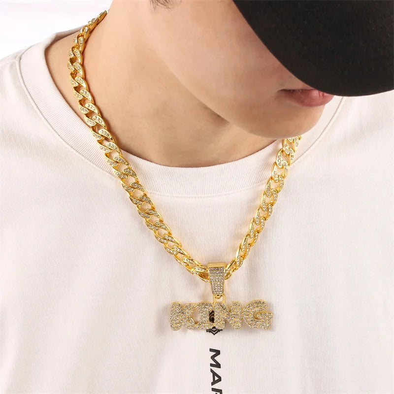 Hip Hop KING Letters Pendant Necklace with Miami Cuban Chain Iced Out Bling HipHop Necklaces Male Charm Jewelry Gift