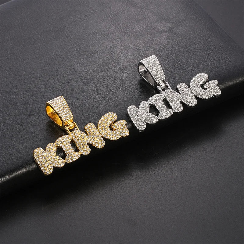 Hip Hop KING Letters Pendant Necklace with Miami Cuban Chain Iced Out Bling HipHop Necklaces Male Charm Jewelry Gift