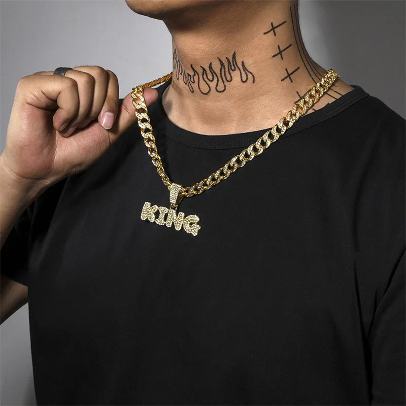 Hip Hop KING Letters Pendant Necklace with Miami Cuban Chain Iced Out Bling HipHop Necklaces Male Charm Jewelry Gift
