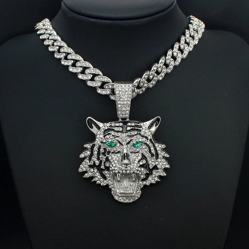Hip Hop Big 3D Tiger Pendant Necklace Crystal Cuban Chain HipHop Iced Out Bling Necklaces Men Women Fashion Charm Jewelry