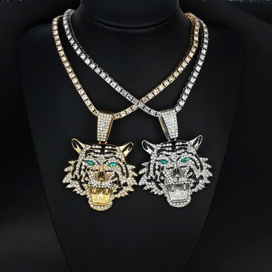 Hip Hop Big 3D Tiger Pendant Necklace Crystal Cuban Chain HipHop Iced Out Bling Necklaces Men Women Fashion Charm Jewelry