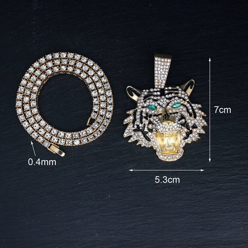 Hip Hop Big 3D Tiger Pendant Necklace Crystal Cuban Chain HipHop Iced Out Bling Necklaces Men Women Fashion Charm Jewelry