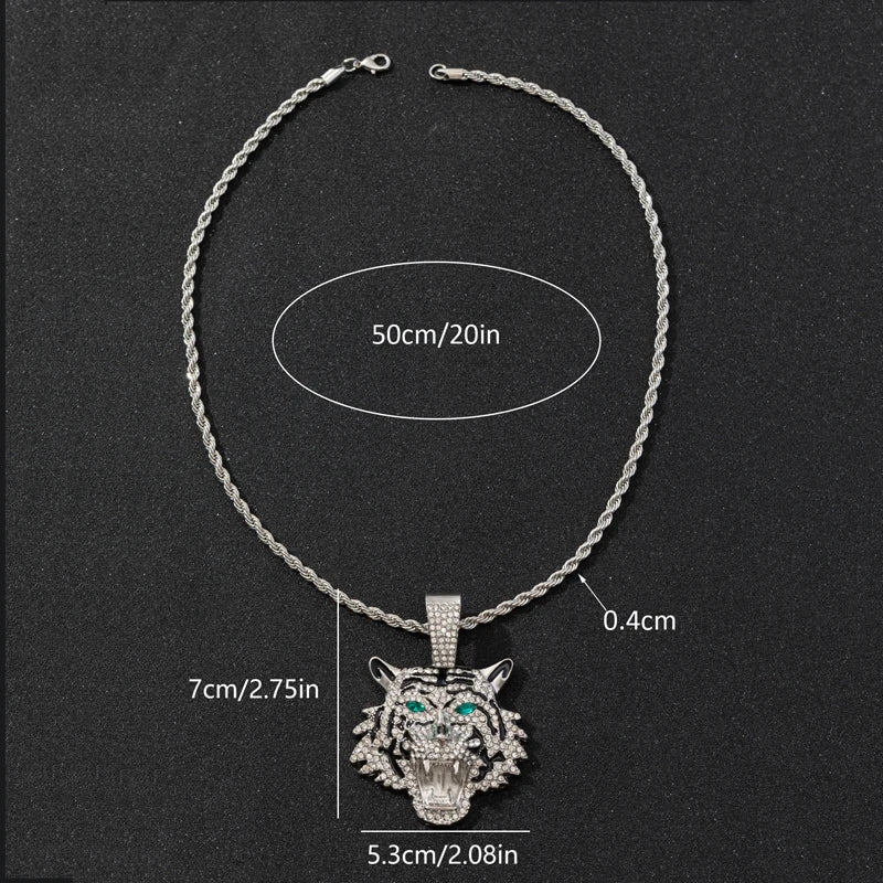 Hip Hop Big 3D Tiger Pendant Necklace Crystal Cuban Chain HipHop Iced Out Bling Necklaces Men Women Fashion Charm Jewelry