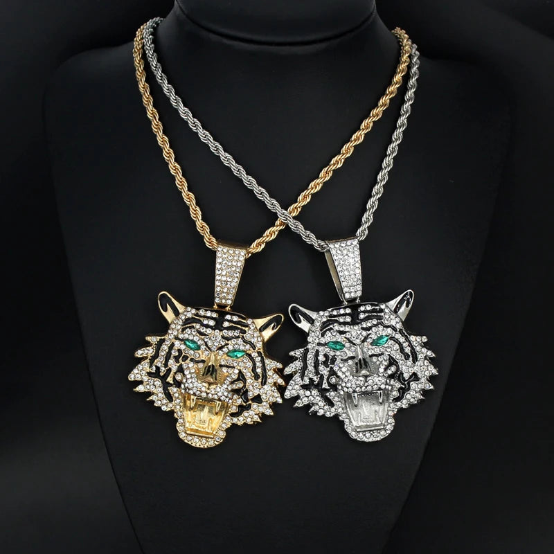 Hip Hop Big 3D Tiger Pendant Necklace Crystal Cuban Chain HipHop Iced Out Bling Necklaces Men Women Fashion Charm Jewelry