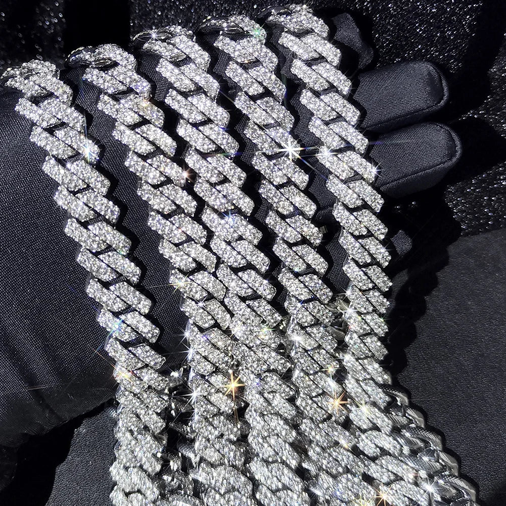 HipHop Men Women 14MM Prong Cuban Link Chain Necklace Bling Iced Out 2 Row Rhinestone Paved Miami Rhombus Cuban Necklace Jewelry