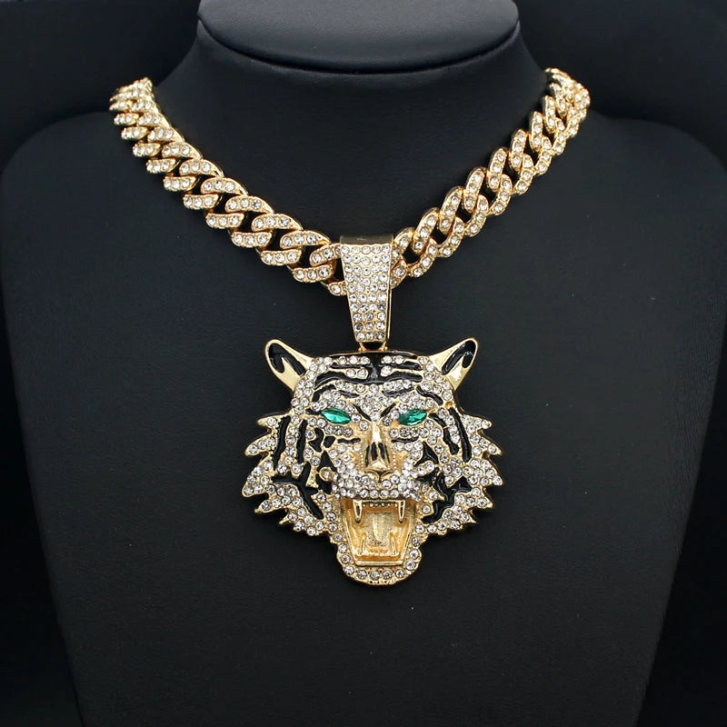 Hip Hop Big 3D Tiger Pendant Necklace Crystal Cuban Chain HipHop Iced Out Bling Necklaces Men Women Fashion Charm Jewelry