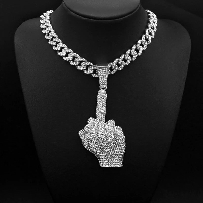 Hip Hop Big Polite Gesture Middle Finger Pendant Necklace with 11mm Crystal Cuban Chain HipHop Iced Out Necklaces Men Women