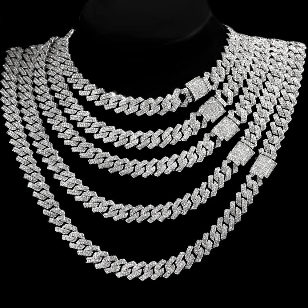 HipHop Men Women 14MM Prong Cuban Link Chain Necklace Bling Iced Out 2 Row Rhinestone Paved Miami Rhombus Cuban Necklace Jewelry