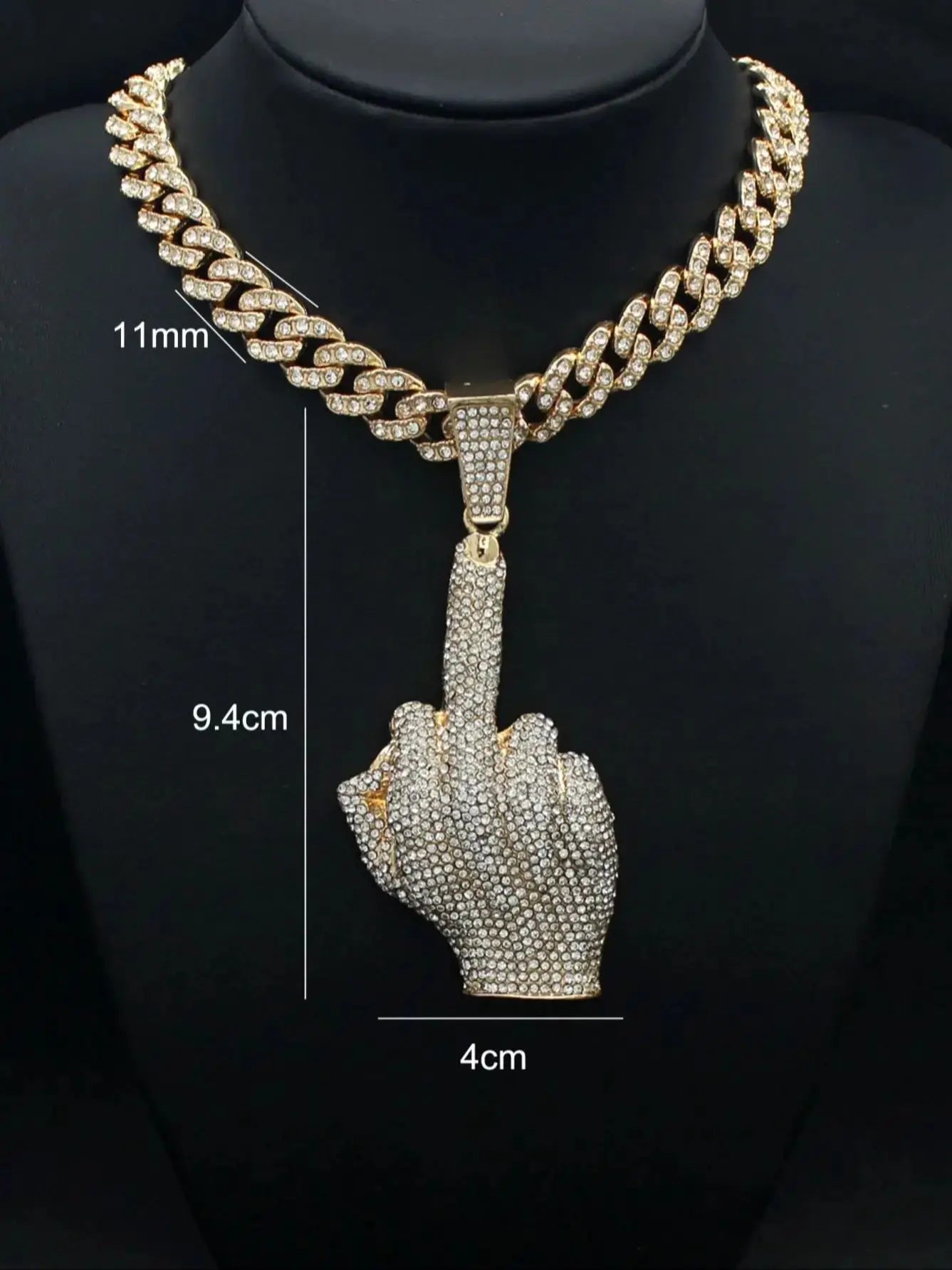 Hip Hop Big Polite Gesture Middle Finger Pendant Necklace with 11mm Crystal Cuban Chain HipHop Iced Out Necklaces Men Women