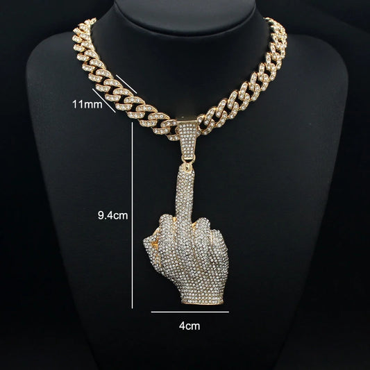 Hip Hop Big Polite Gesture Middle Finger Pendant Necklace with 11mm Crystal Cuban Chain HipHop Iced Out Necklaces Men Women