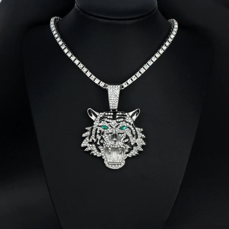 Hip Hop Big 3D Tiger Pendant Necklace Crystal Cuban Chain HipHop Iced Out Bling Necklaces Men Women Fashion Charm Jewelry
