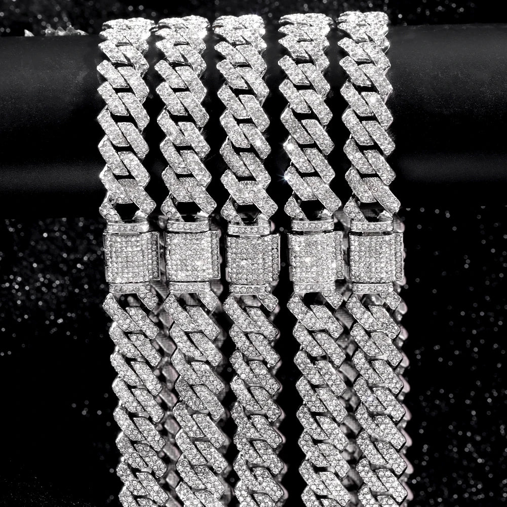 HipHop Men Women 14MM Prong Cuban Link Chain Necklace Bling Iced Out 2 Row Rhinestone Paved Miami Rhombus Cuban Necklace Jewelry