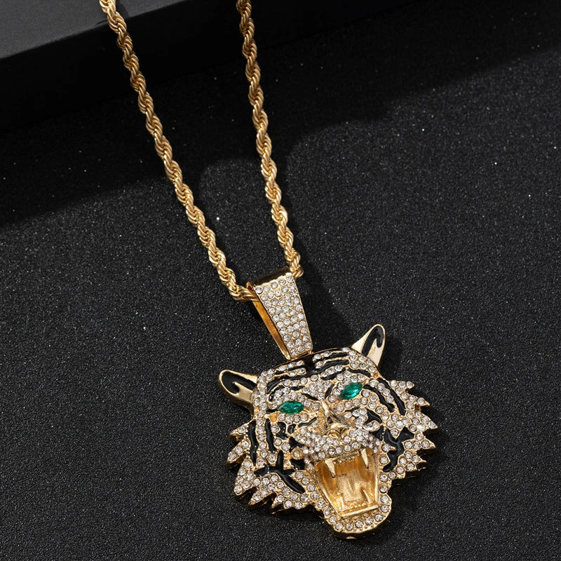 Hip Hop Big 3D Tiger Pendant Necklace Crystal Cuban Chain HipHop Iced Out Bling Necklaces Men Women Fashion Charm Jewelry