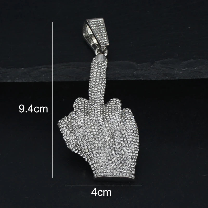 Hip Hop Big Polite Gesture Middle Finger Pendant Necklace with 11mm Crystal Cuban Chain HipHop Iced Out Necklaces Men Women