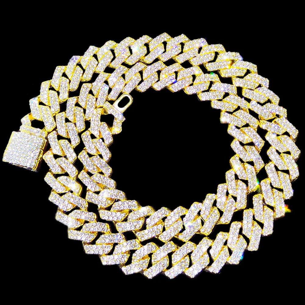 HipHop Men Women 14MM Prong Cuban Link Chain Necklace Bling Iced Out 2 Row Rhinestone Paved Miami Rhombus Cuban Necklace Jewelry