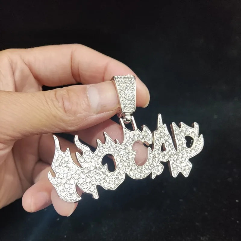 New Men Women Hip Hop Flame Letters Iced Out Pendant Necklaces with 13mm Cuban Chain HipHop Necklace Fashion Charm Jewelry