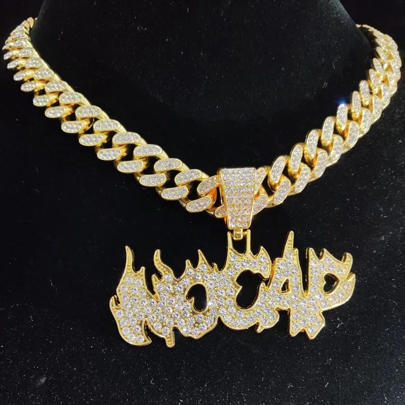 New Men Women Hip Hop Flame Letters Iced Out Pendant Necklaces with 13mm Cuban Chain HipHop Necklace Fashion Charm Jewelry