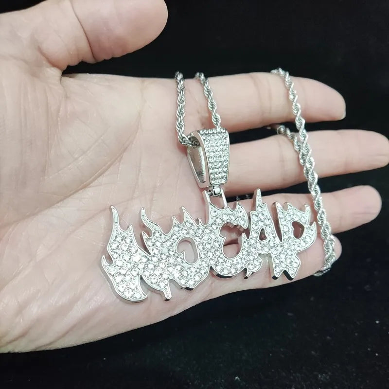 New Men Women Hip Hop Flame Letters Iced Out Pendant Necklaces with 13mm Cuban Chain HipHop Necklace Fashion Charm Jewelry