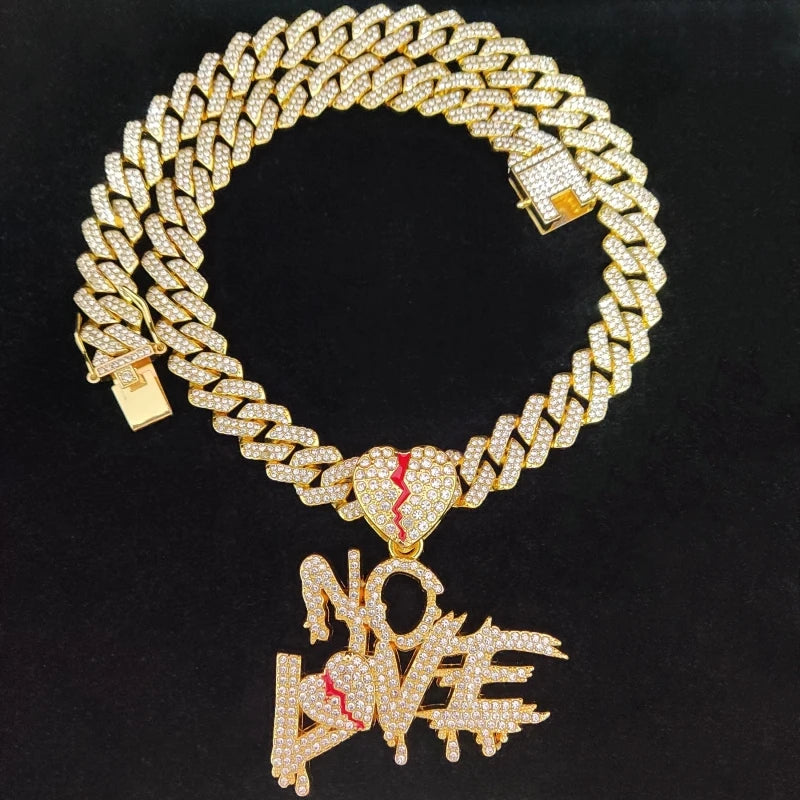Men Women Hip Hop No Love Heart Pendant Necklace with 14mm Cuban Chain HipHop Iced Out Bling Hiphop Necklaces Fashion Jewelry