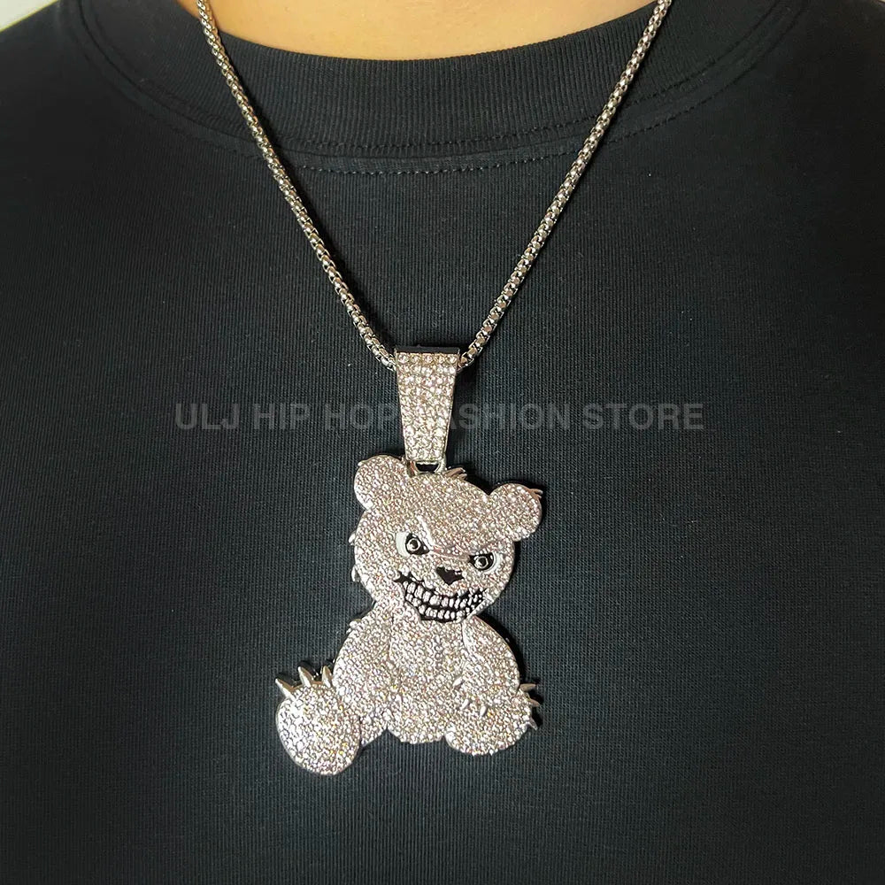 Men Women Iced Out Brown Bear Pendant Necklace With 13mm Miami Cuban Link Chain Men's Necklaces Choker Collar Hip Hop Jewelry