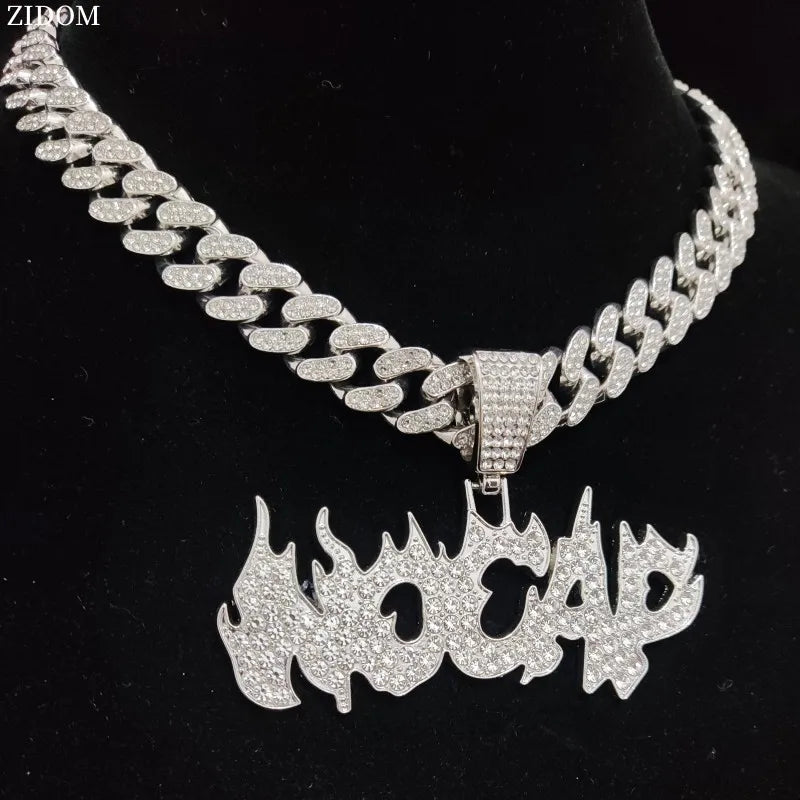 New Men Women Hip Hop Flame Letters Iced Out Pendant Necklaces with 13mm Cuban Chain HipHop Necklace Fashion Charm Jewelry