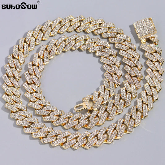 HipHop Men Women 14MM Prong Cuban Link Chain Necklace Bling Iced Out 2 Row Rhinestone Paved Miami Rhombus Cuban Necklace Jewelry
