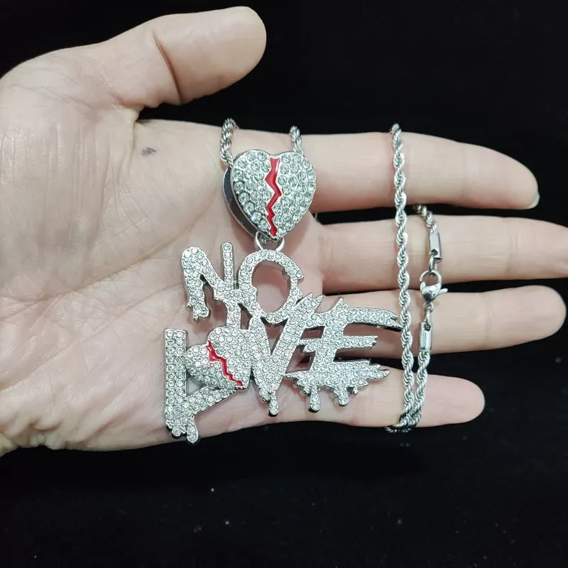 Men Women Hip Hop No Love Heart Pendant Necklace with 14mm Cuban Chain HipHop Iced Out Bling Hiphop Necklaces Fashion Jewelry