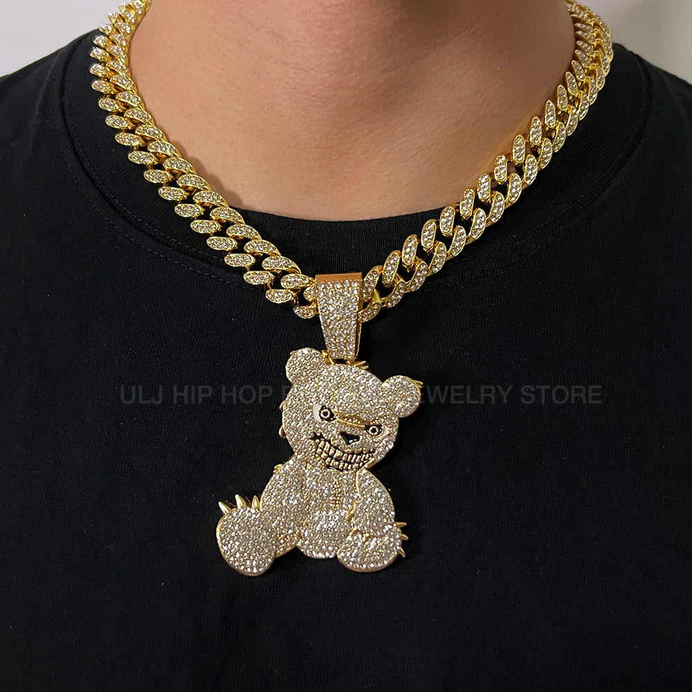 Men Women Iced Out Brown Bear Pendant Necklace With 13mm Miami Cuban Link Chain Men's Necklaces Choker Collar Hip Hop Jewelry
