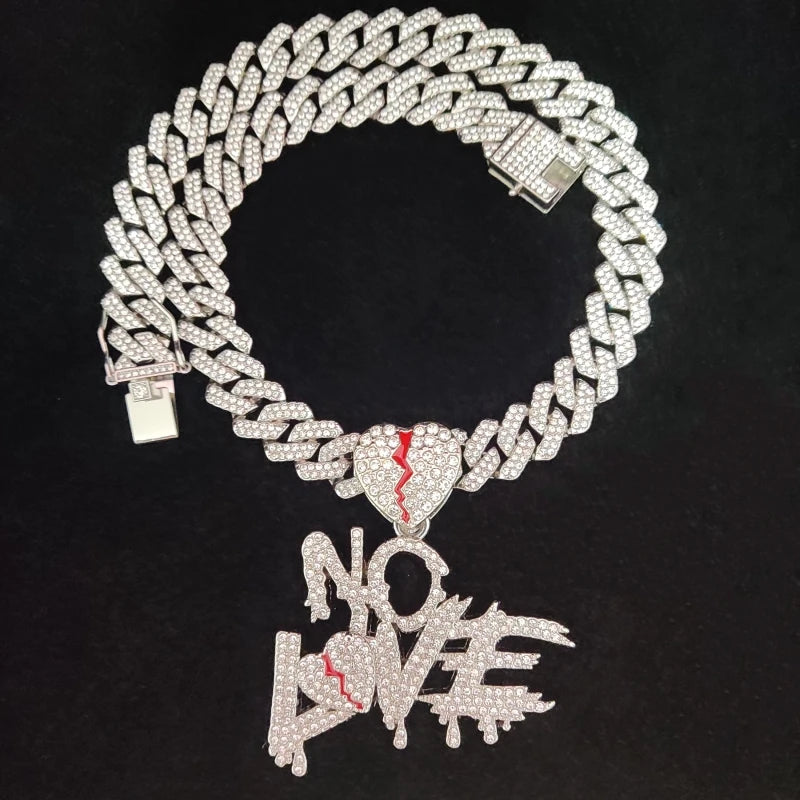 Men Women Hip Hop No Love Heart Pendant Necklace with 14mm Cuban Chain HipHop Iced Out Bling Hiphop Necklaces Fashion Jewelry