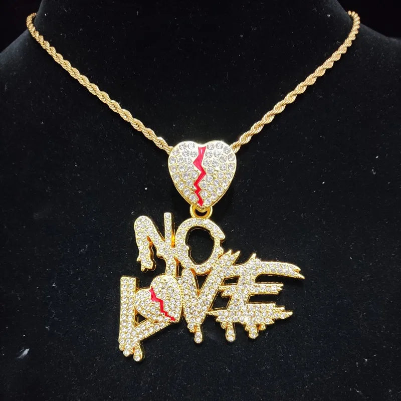 Men Women Hip Hop No Love Heart Pendant Necklace with 14mm Cuban Chain HipHop Iced Out Bling Hiphop Necklaces Fashion Jewelry