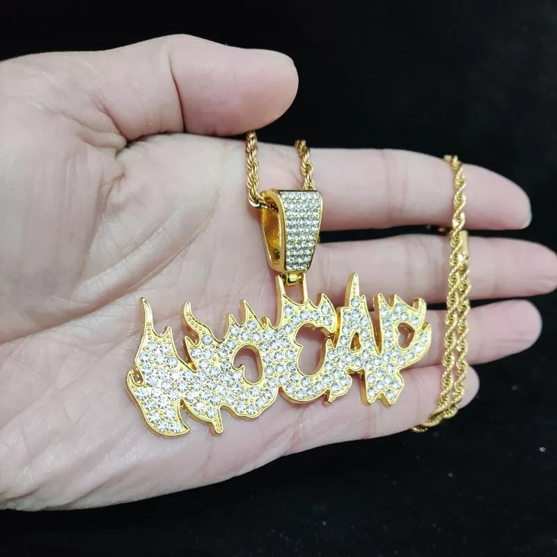 New Men Women Hip Hop Flame Letters Iced Out Pendant Necklaces with 13mm Cuban Chain HipHop Necklace Fashion Charm Jewelry