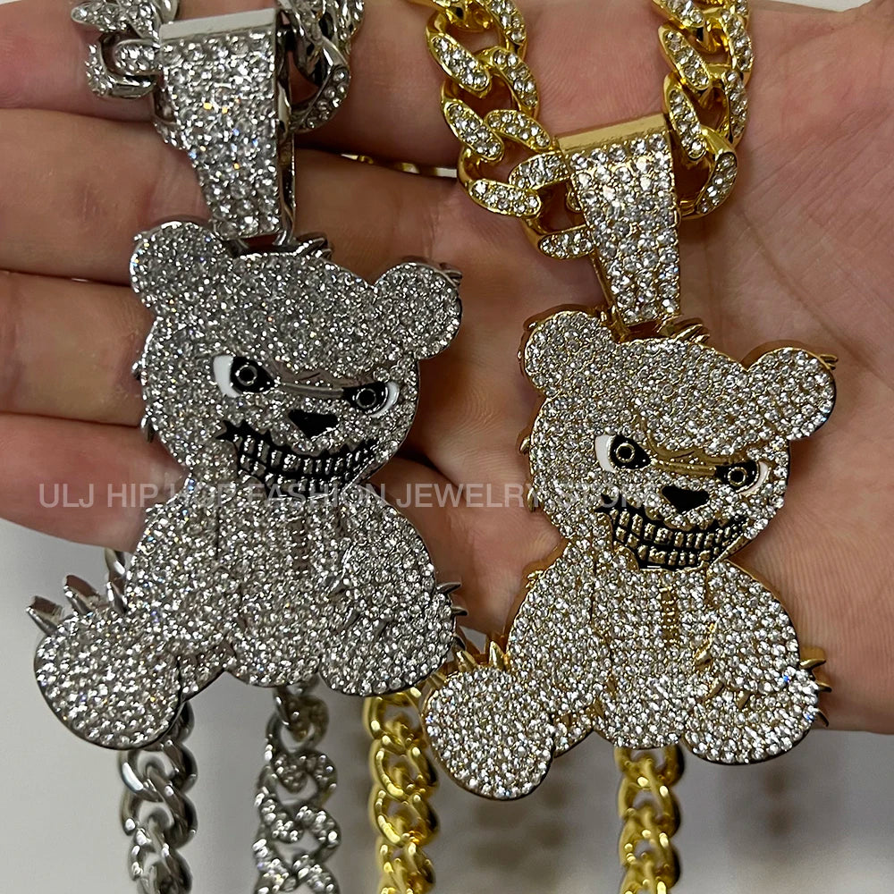 Men Women Iced Out Brown Bear Pendant Necklace With 13mm Miami Cuban Link Chain Men's Necklaces Choker Collar Hip Hop Jewelry