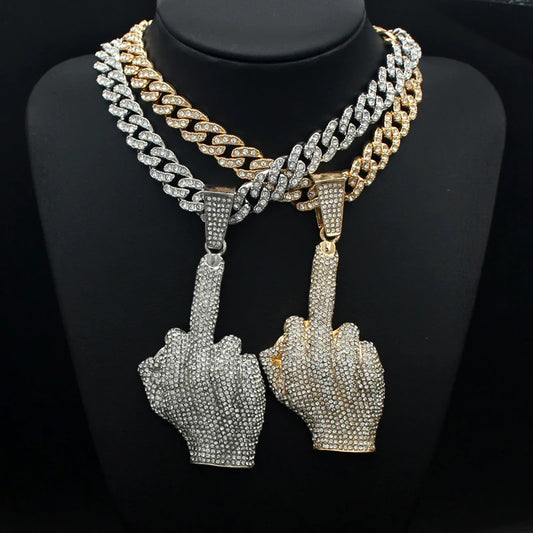 Hip Hop Big Polite Gesture Middle Finger Pendant Necklace with 11mm Crystal Cuban Chain HipHop Iced Out Necklaces Men Women