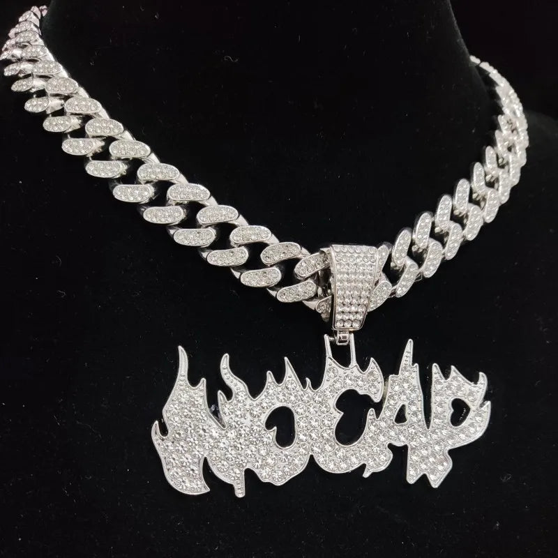 New Men Women Hip Hop Flame Letters Iced Out Pendant Necklaces with 13mm Cuban Chain HipHop Necklace Fashion Charm Jewelry