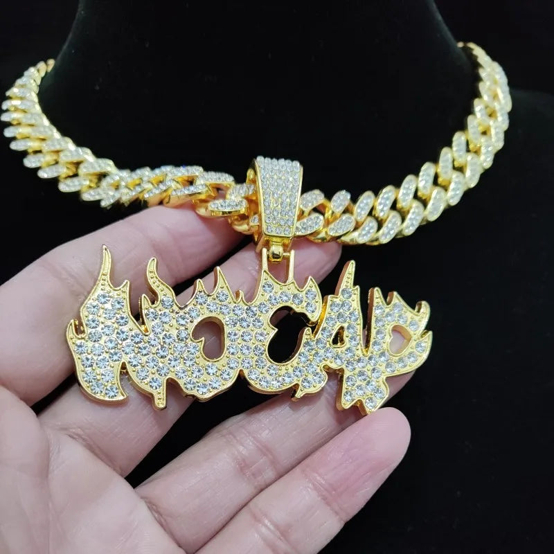 New Men Women Hip Hop Flame Letters Iced Out Pendant Necklaces with 13mm Cuban Chain HipHop Necklace Fashion Charm Jewelry