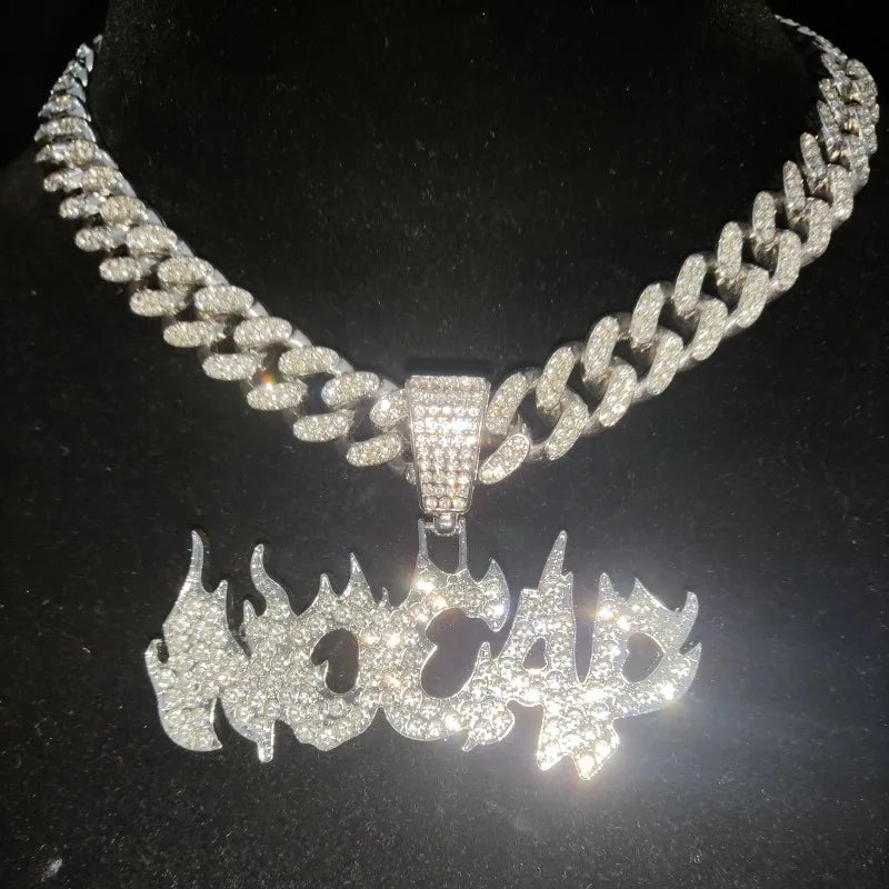 New Men Women Hip Hop Flame Letters Iced Out Pendant Necklaces with 13mm Cuban Chain HipHop Necklace Fashion Charm Jewelry