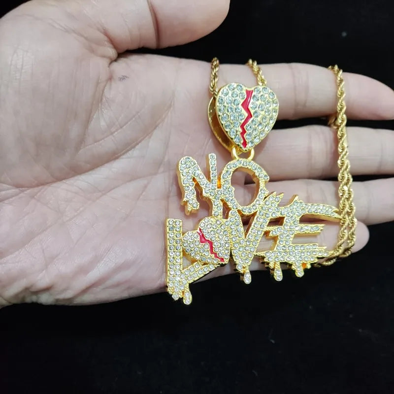 Men Women Hip Hop No Love Heart Pendant Necklace with 14mm Cuban Chain HipHop Iced Out Bling Hiphop Necklaces Fashion Jewelry