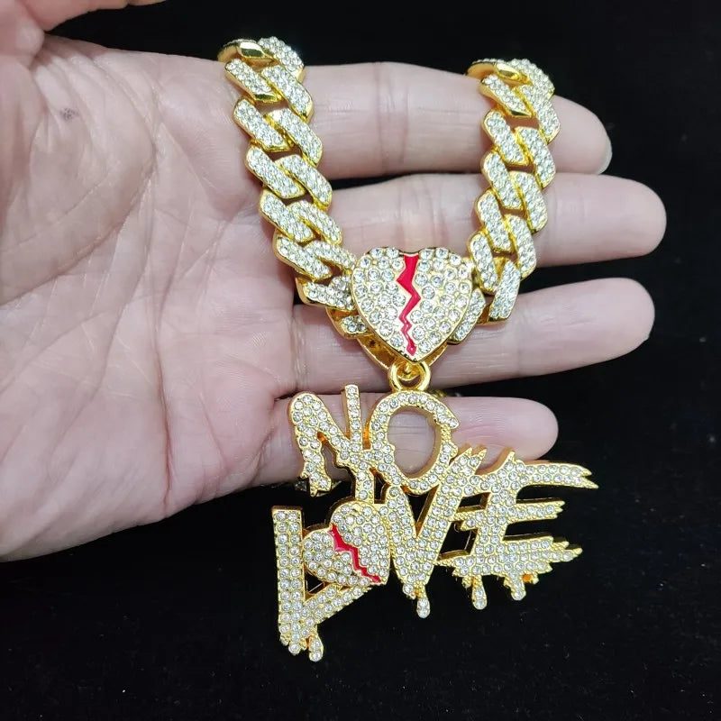 Men Women Hip Hop No Love Heart Pendant Necklace with 14mm Cuban Chain HipHop Iced Out Bling Hiphop Necklaces Fashion Jewelry