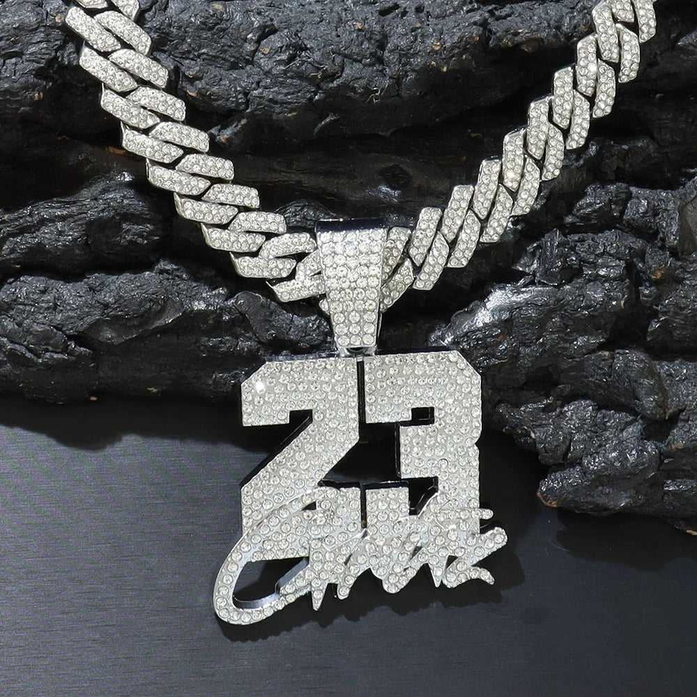 New Fashionable Men Hip Hop Number 23 Pendant Necklace With 13mm Cuban Chain HipHop Alloy Iced Out Bling Necklaces Charm Jewelry