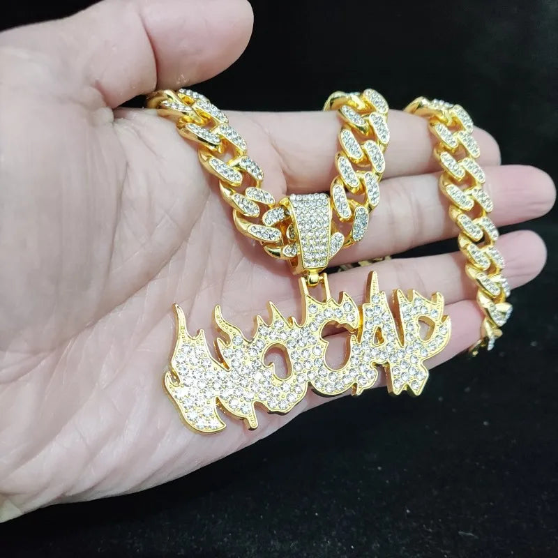 New Men Women Hip Hop Flame Letters Iced Out Pendant Necklaces with 13mm Cuban Chain HipHop Necklace Fashion Charm Jewelry