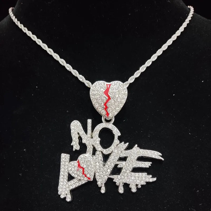 Men Women Hip Hop No Love Heart Pendant Necklace with 14mm Cuban Chain HipHop Iced Out Bling Hiphop Necklaces Fashion Jewelry