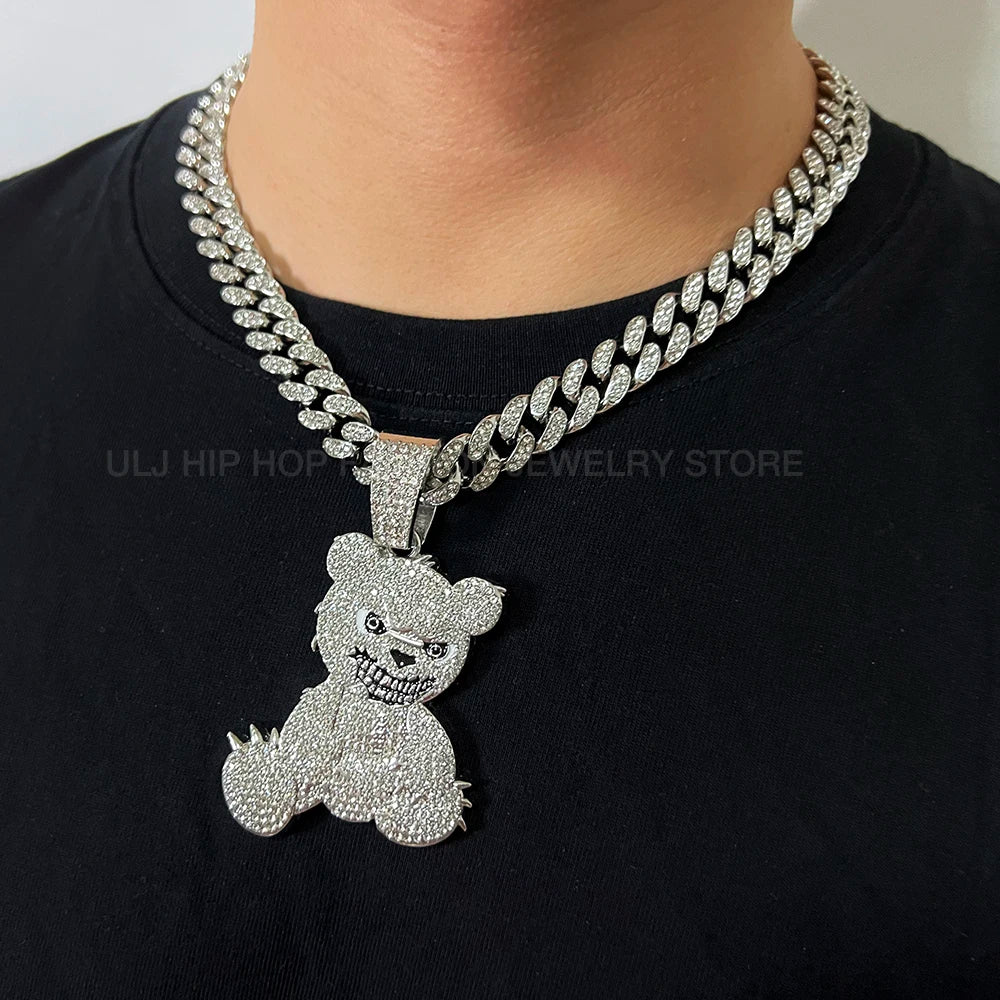 Men Women Iced Out Brown Bear Pendant Necklace With 13mm Miami Cuban Link Chain Men's Necklaces Choker Collar Hip Hop Jewelry