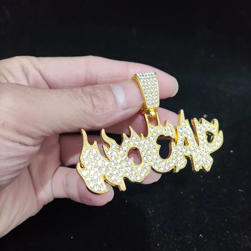 New Men Women Hip Hop Flame Letters Iced Out Pendant Necklaces with 13mm Cuban Chain HipHop Necklace Fashion Charm Jewelry