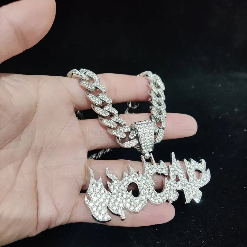 New Men Women Hip Hop Flame Letters Iced Out Pendant Necklaces with 13mm Cuban Chain HipHop Necklace Fashion Charm Jewelry
