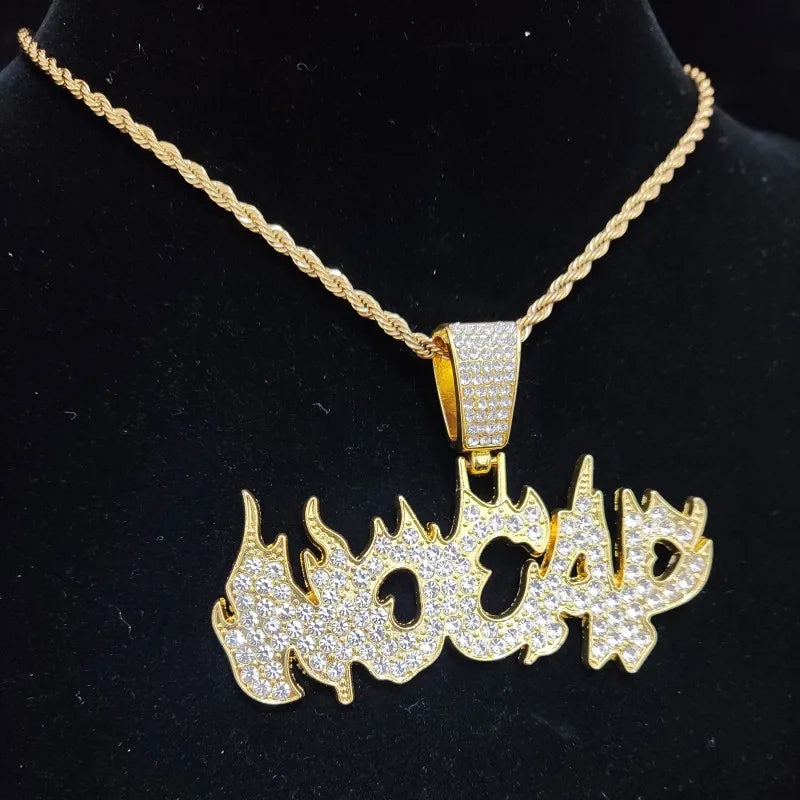 New Men Women Hip Hop Flame Letters Iced Out Pendant Necklaces with 13mm Cuban Chain HipHop Necklace Fashion Charm Jewelry