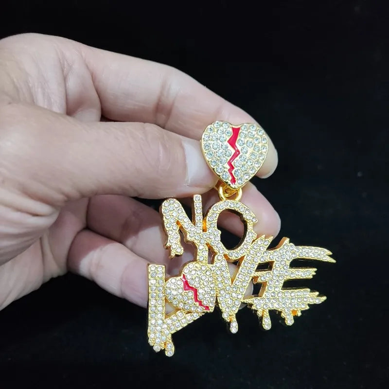 Men Women Hip Hop No Love Heart Pendant Necklace with 14mm Cuban Chain HipHop Iced Out Bling Hiphop Necklaces Fashion Jewelry