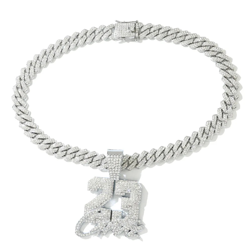 New Fashionable Men Hip Hop Number 23 Pendant Necklace With 13mm Cuban Chain HipHop Alloy Iced Out Bling Necklaces Charm Jewelry